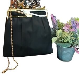 Harry Levine HL USA VINTAGE 1960s Era Satin Bag Black with Gold Hardware